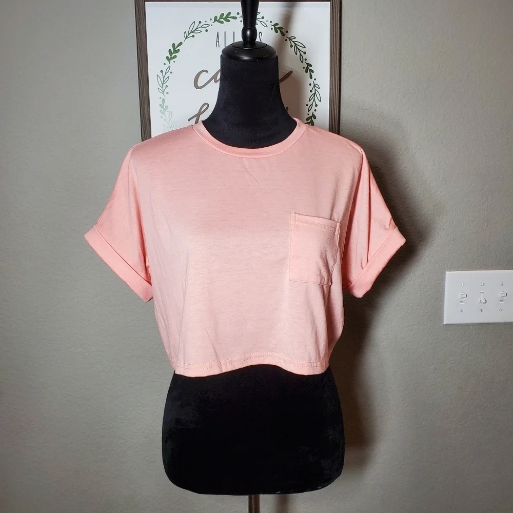 SHEIN Batwing Sleeve Pocket Patched Crop Tee Coral Pink Size Medium NWOT - Picture 16 of 16